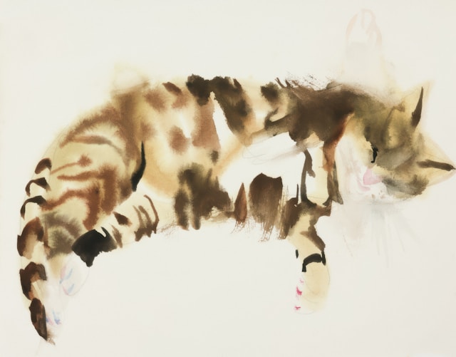 Watercolor painting of a curled-up tabby cat, by Snow, age: 5.